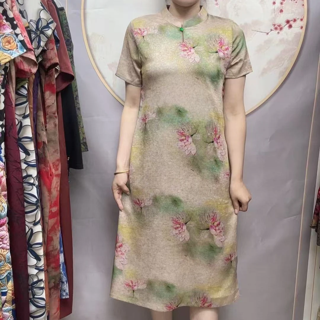 【雾莲旗袍】2025夏季妈妈装气质短袖连衣裙洋气中老年女装宽松长裙