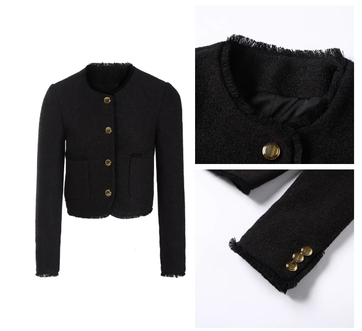 黑色流苏气质名媛高级感外套女粗花呢短外套MEJ2402-WT01（0012）