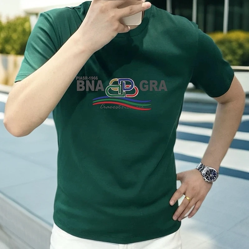 夏季2025新款短袖男士t恤圆领修身字印花休闲纯棉半袖百搭ins潮流