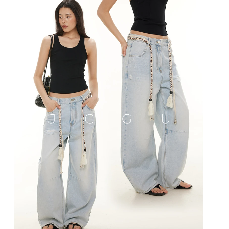 JGGU晶咕黑标【浅滩漫步】100棉破洞牛仔裤美式直筒JG11250126