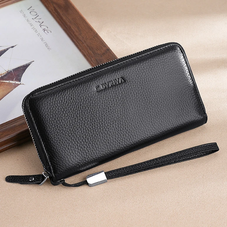 跨境新款真皮钱包长款拉链钱夹头层牛皮商务手拿包轻奢大容量票夹