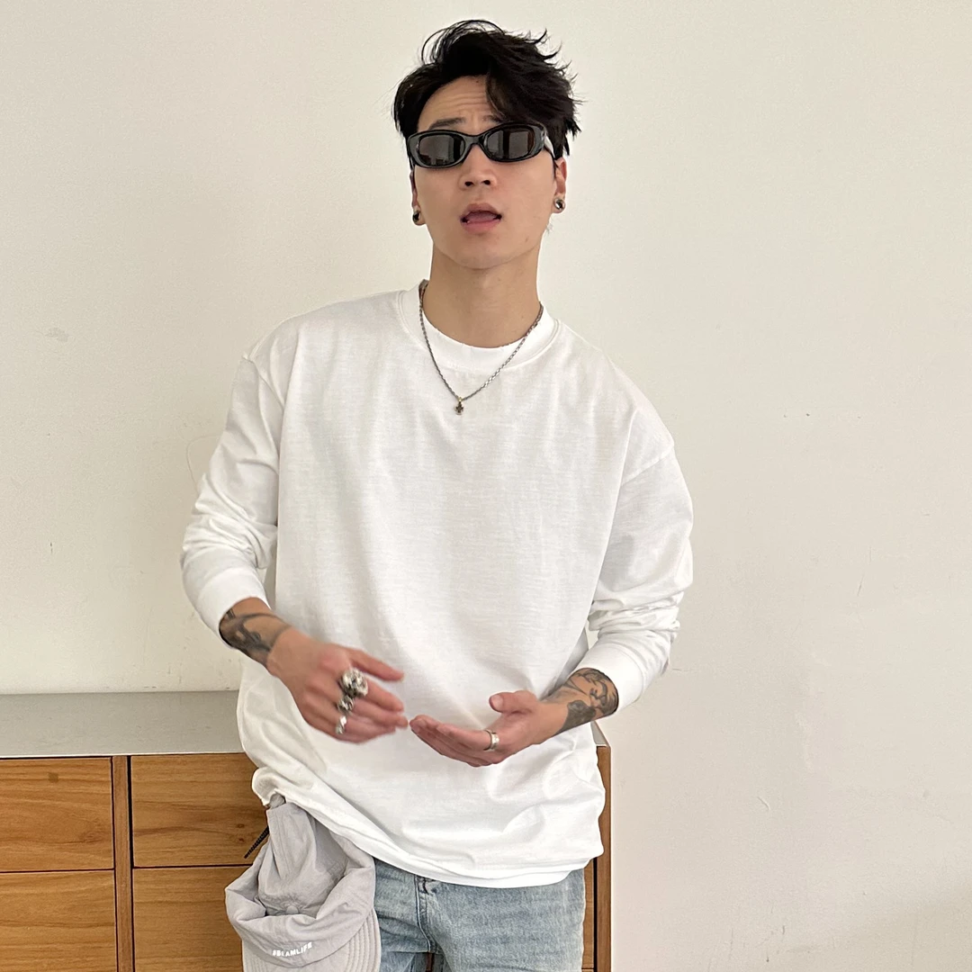 SKYROCKET扶摇春款新款T恤男高街潮牌纯色宽松百搭休闲长袖衬衣