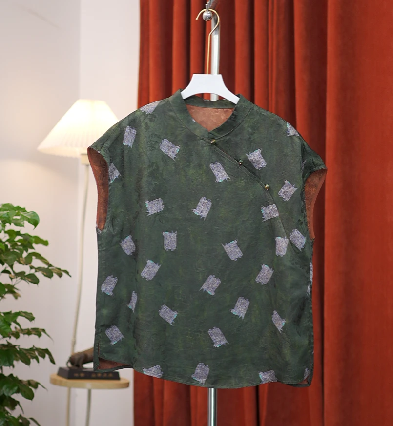 [春芳藏]新中式高定立领斜襟真丝香云纱短袖小衫百搭宽松显瘦女