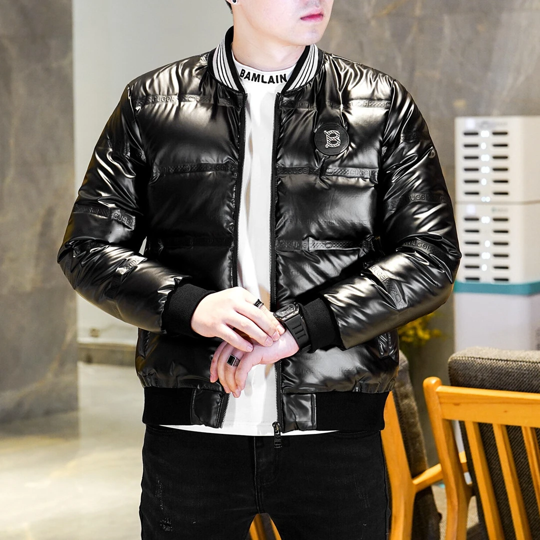 SALBUROS萨尔布勒斯男士时尚亮面羽绒服冬季刺绣保暖防寒立领外套