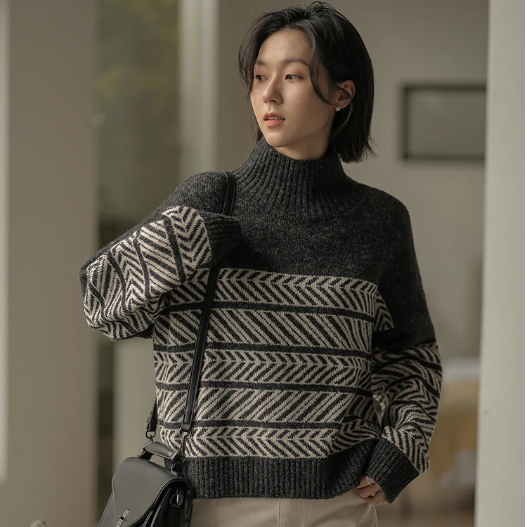 春秋冬季复古宽松通勤套头款条纹秋季毛针织衫薄款慵懒风半高领