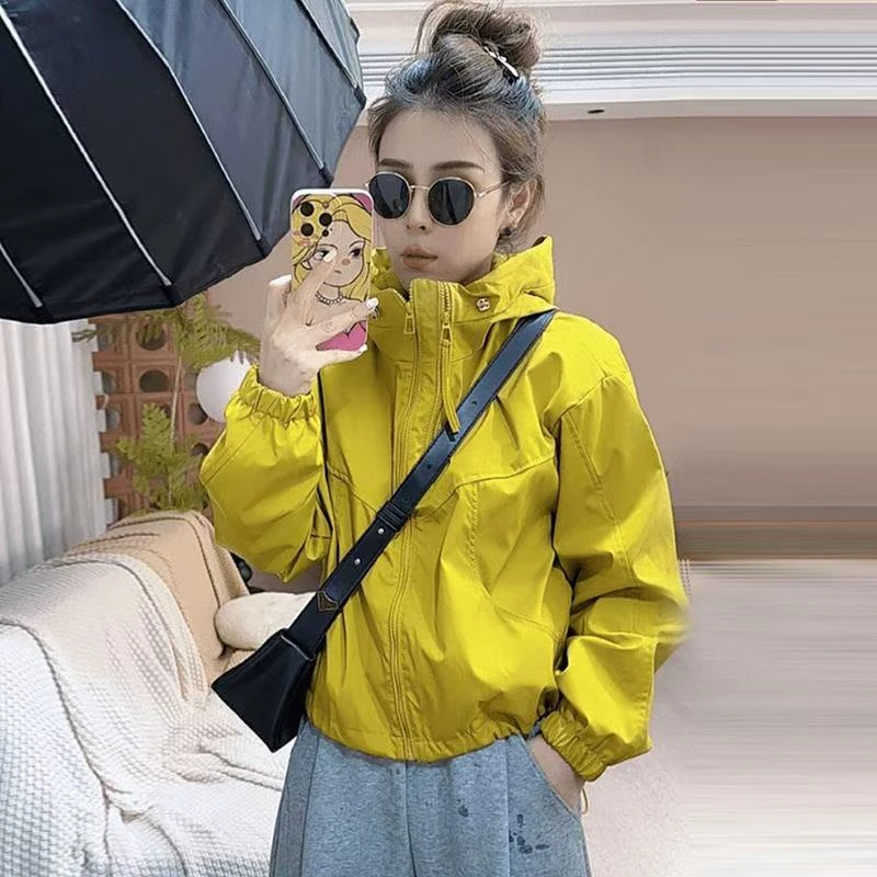 韩系短款女拼接秋冬外套夹克2025新款春秋季连帽宽松休闲双拉链