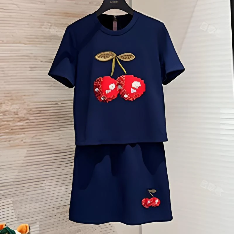 3872轻职风时尚套裙夏减龄短袖短裙两件套洋气刺绣（裙有裤内存