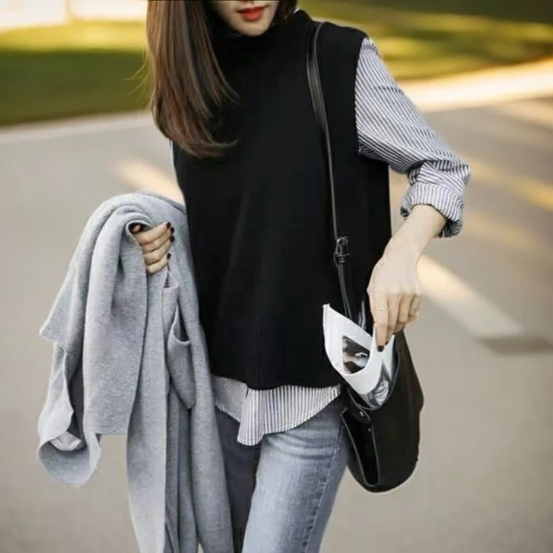 灰色春秋新款套头针织毛衣马甲女冬外搭衬衫叠穿无袖短款韩版背心