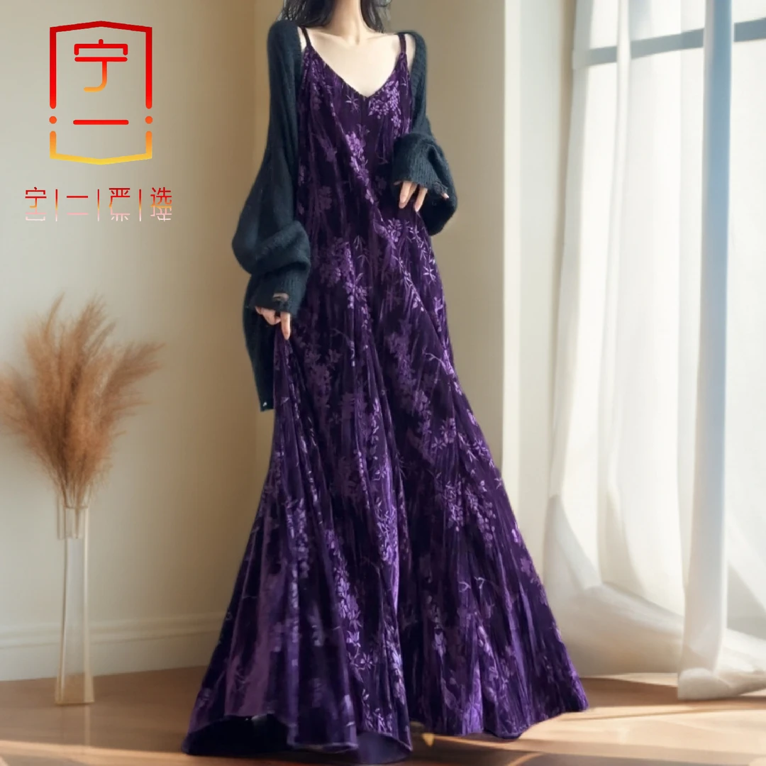 【宁一女装】时尚气质绝美新中式国风长裙女微胖丝绒高端连衣裙紫色