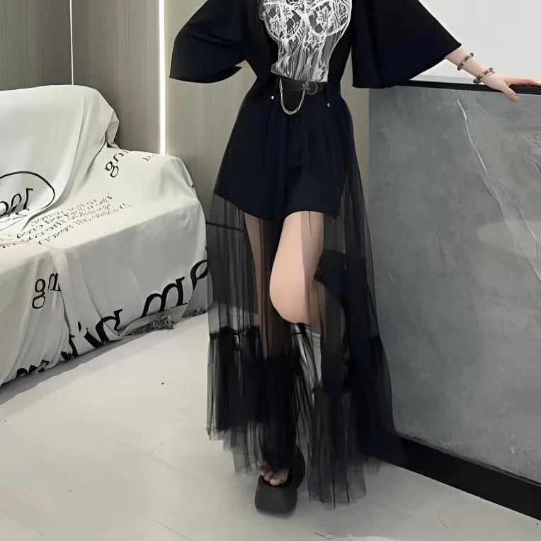 安琪定制-[N27X]夏季新款黑色网纱半身裙女高级中长款设计感长裙