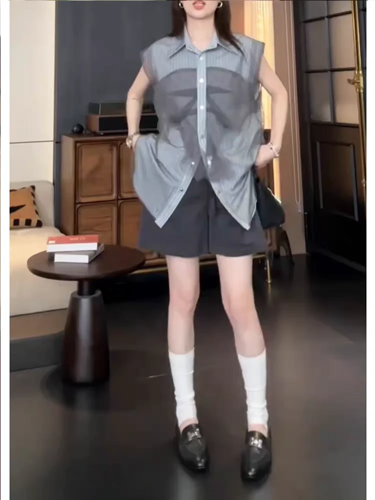 法式设计感网纱拼接无袖条纹衬衫女夏季气质通勤宽松显瘦背心上衣