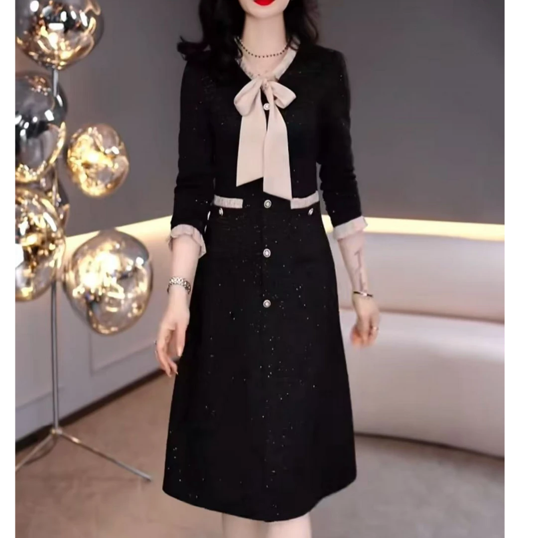 1096#春秋款小香风连衣裙女长袖时尚2025春装气质显瘦假两件裙子