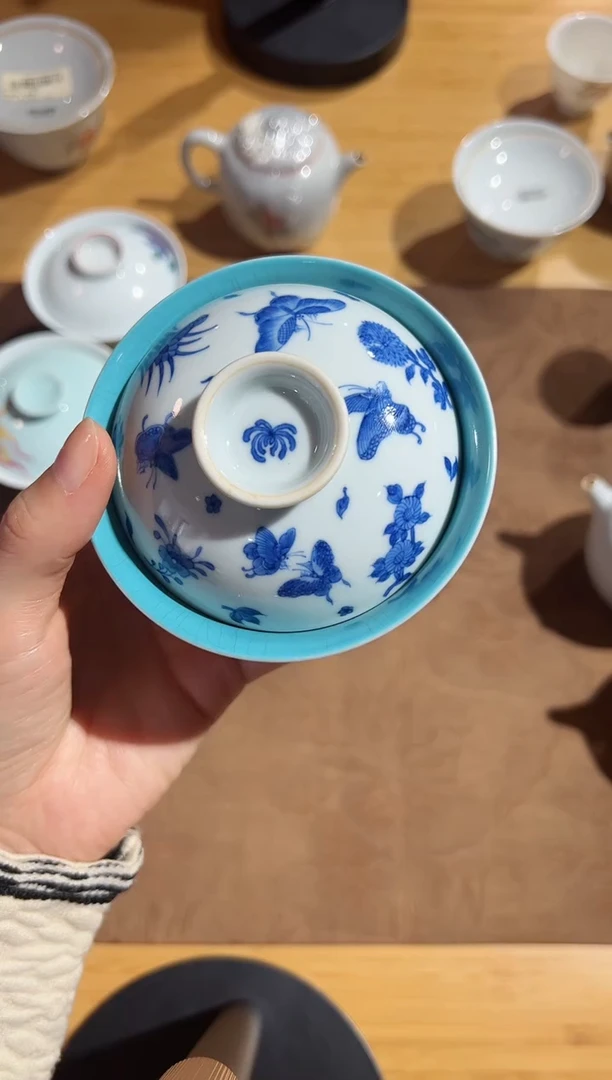 松石绿开片蝴蝶盖碗 观云雅玩