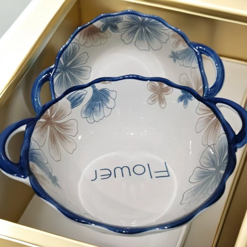 手绘餐具蓝色陶瓷盆2个