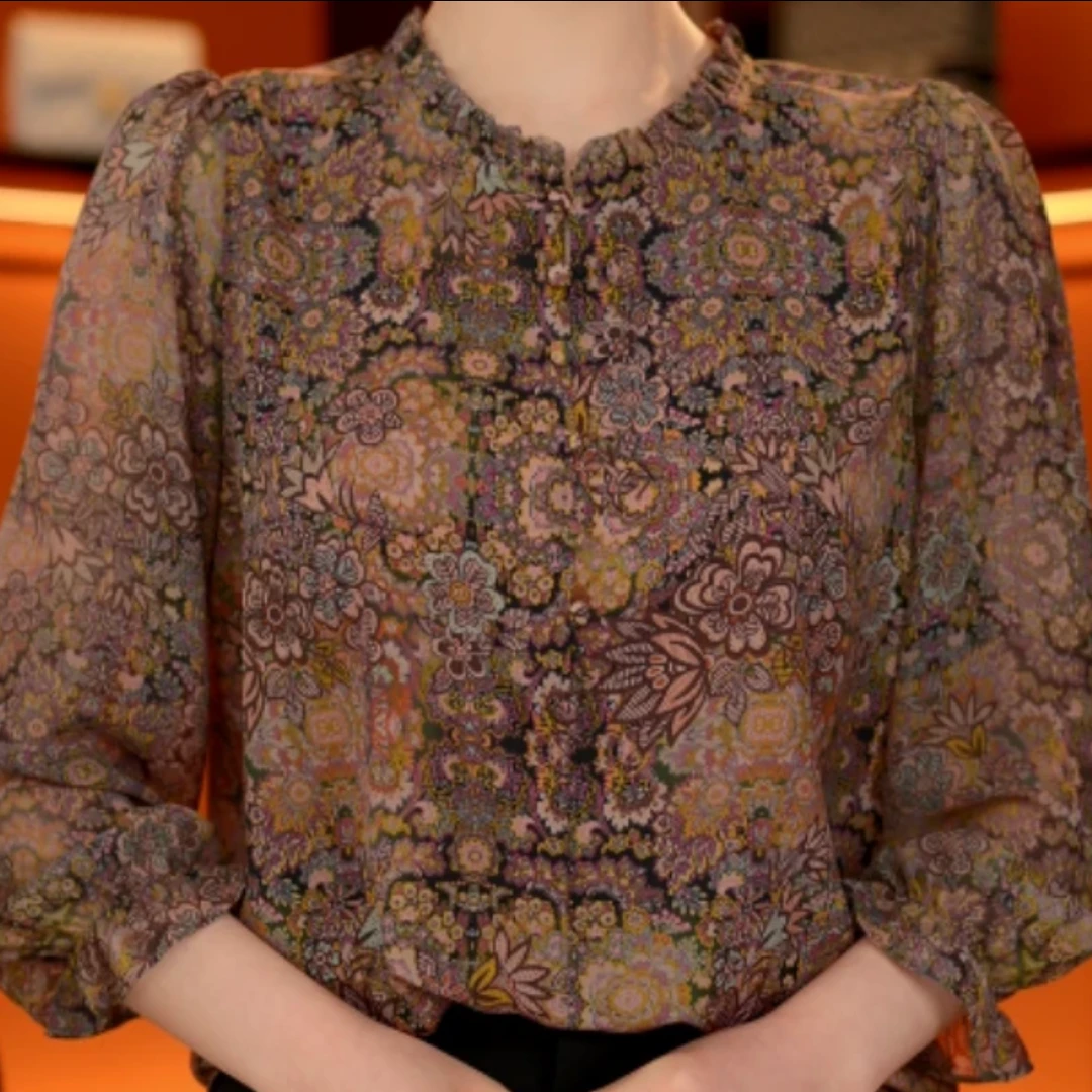 2025年春秋季古色天香遮肚显瘦时尚休闲风修身女圆领开衫上衣衬衫