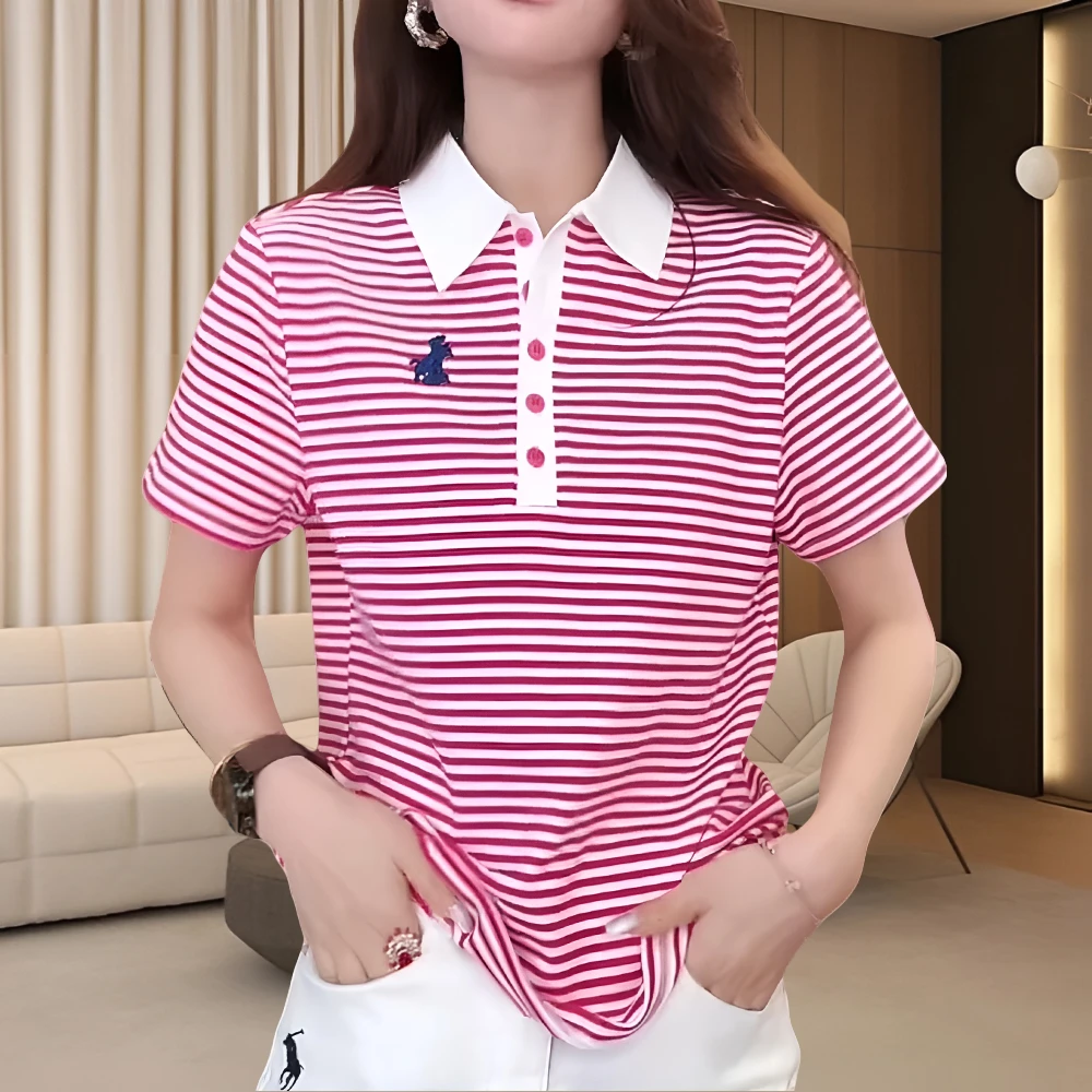 网红洋气炸街条纹上衣短袖POLO款休闲小马短袖女款爆款2025新款