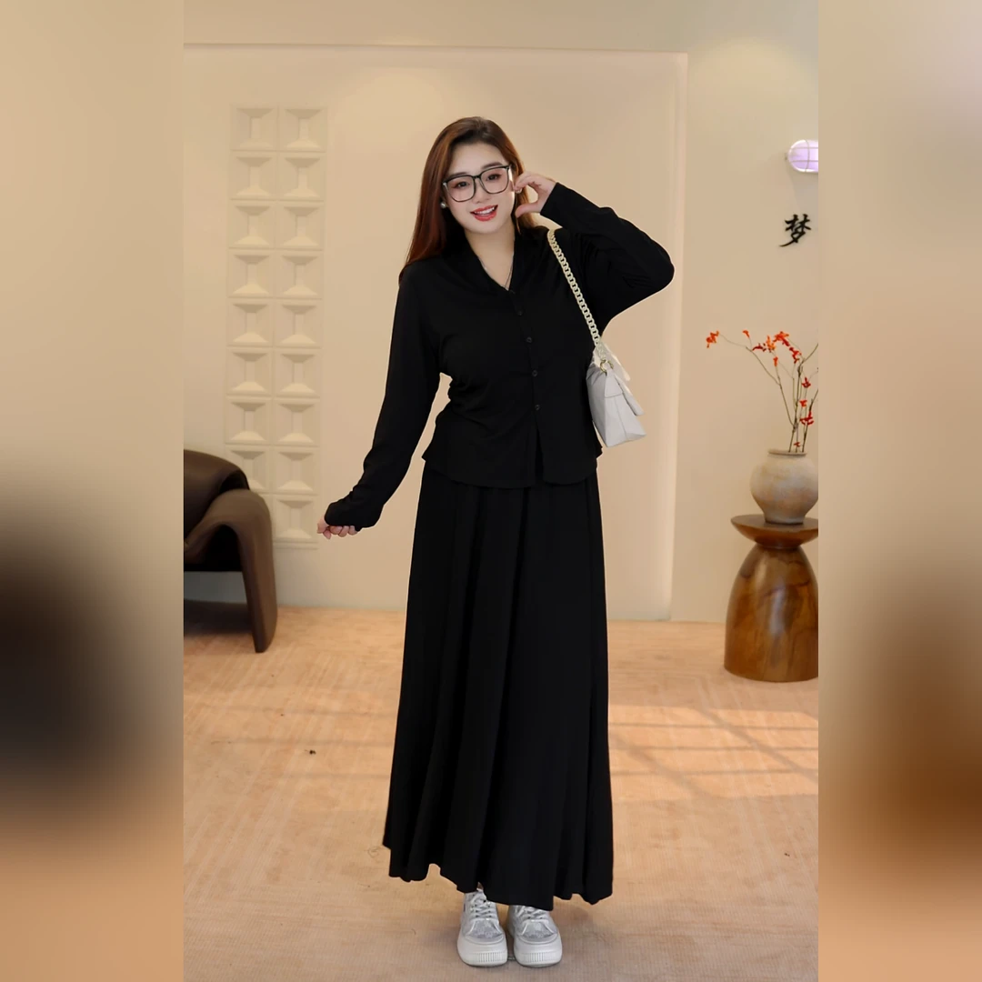大码女装胖MM遮肚显瘦半身裙两件套大码休闲套装女装秋季遮肉上衣