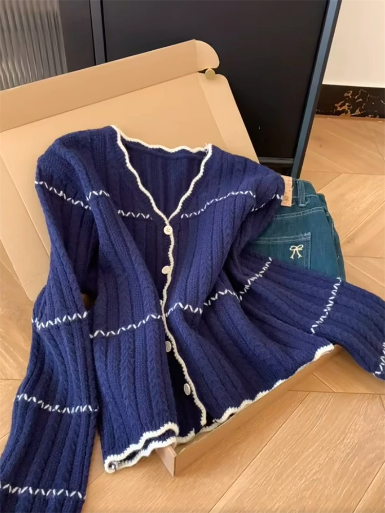 法式复古藏青色v领针织开衫女秋冬季新款高级感软糯宽松毛衣外套