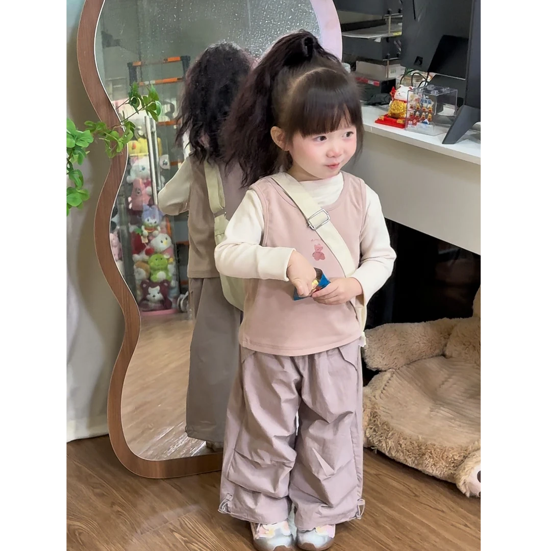 女童春季简约甜美T恤高腰工装裤欧美风休闲宽松裤子韩版女宝秋装