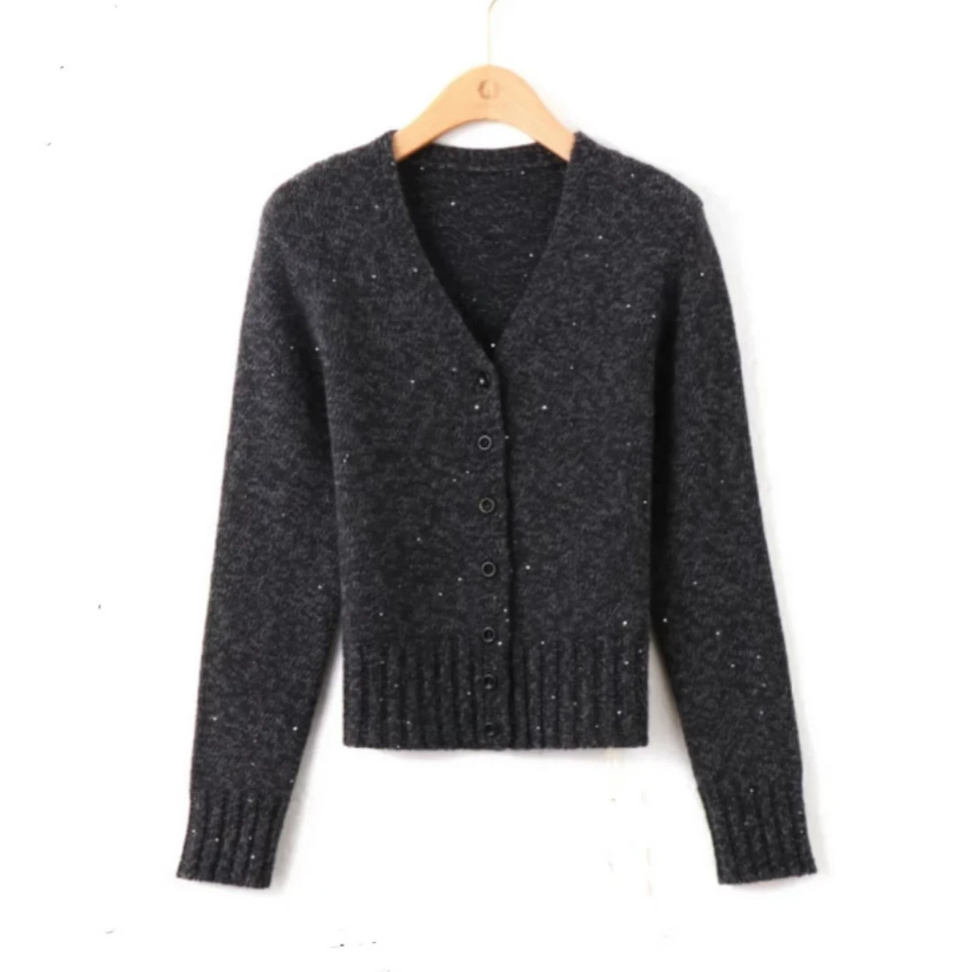 2024秋冬季短款长袖上衣V领针织衫修身潮流纯色气质针织毛衣女