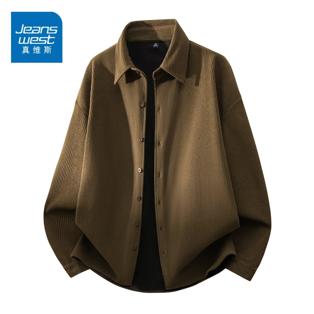 真维斯美式重磅280G翻领衬衫男士春秋时尚百搭休闲灯芯绒长袖衬衣