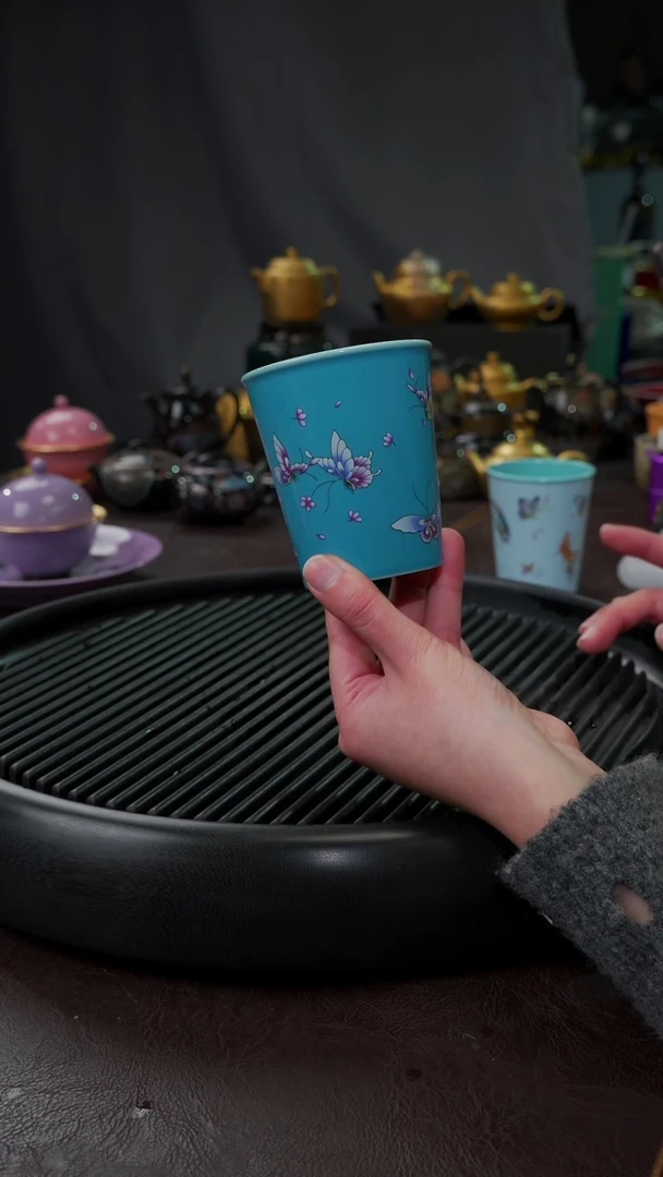 【闪购商品】杯【宜景窑松石蓝蝶舞】手绘可乐杯