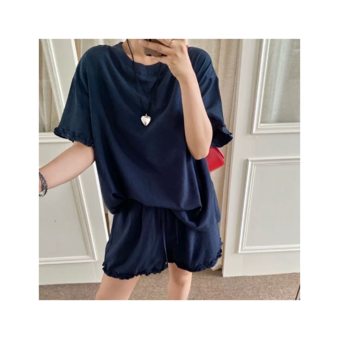 PLUR·PAN简约木耳边短袖T恤休闲百搭短裤套装 44