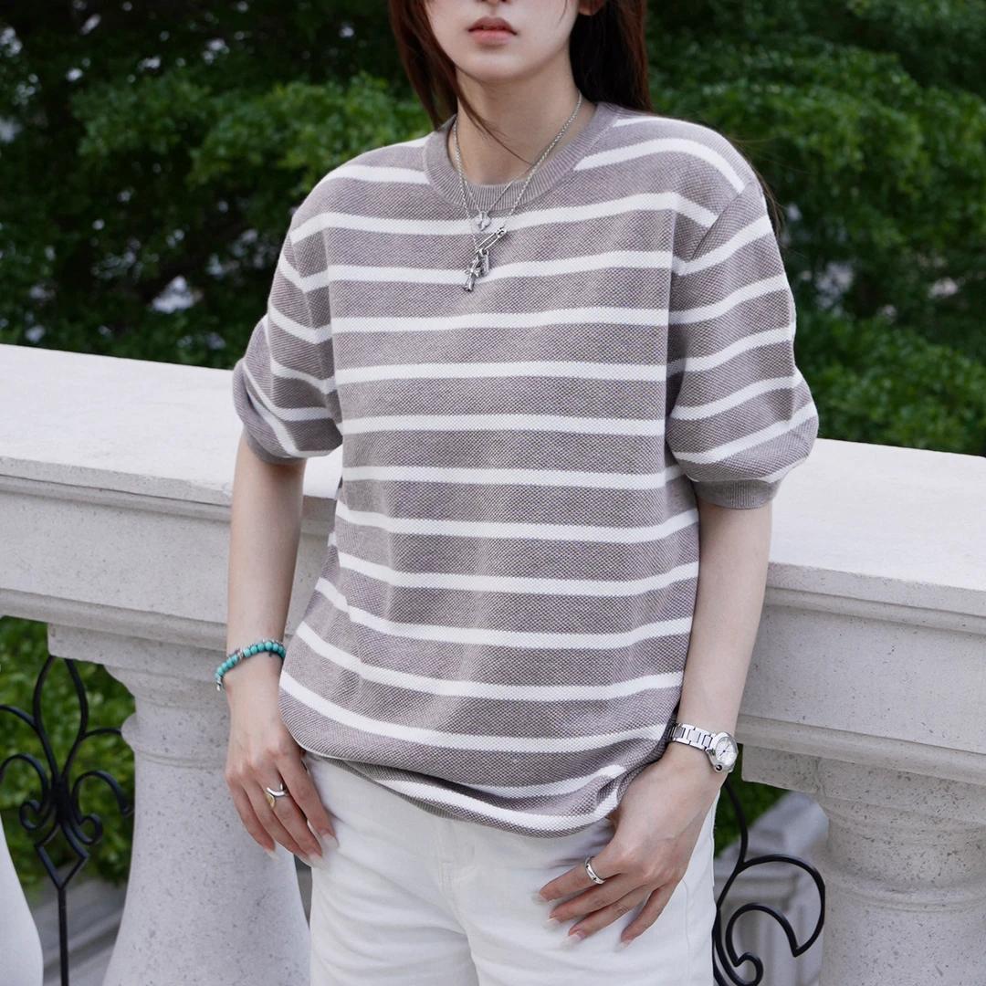SSR新款老钱风针织条纹小资T恤上衣男女同款短袖