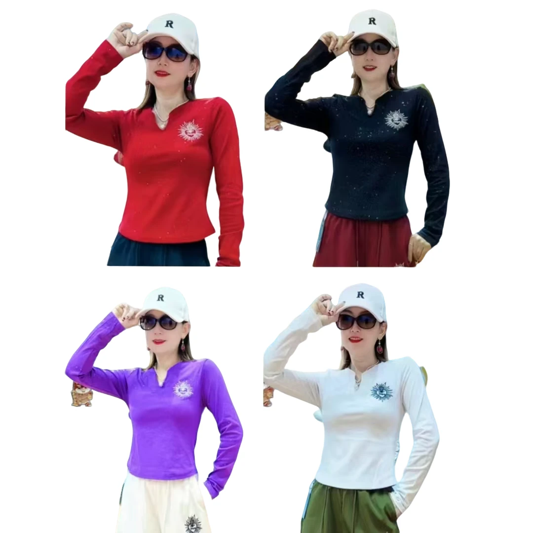5001春季新品满天星亮晶晶修身收腰短款弹力棉T恤长袖百搭女上衣