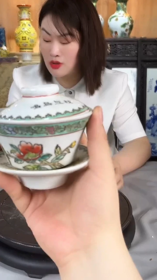 摆件景德镇陶瓷釉上彩花鸟三才盖碗