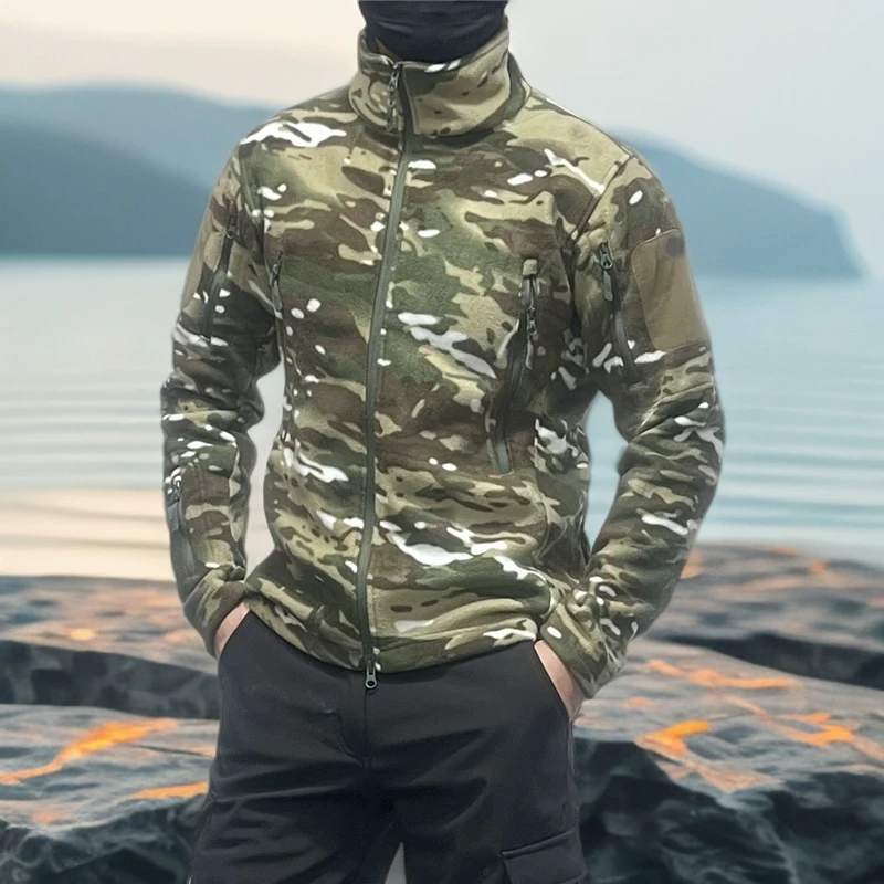 秋冬户外迷彩抓绒衣男士保暖长袖内胆开衫立领弹力外套保暖帅
