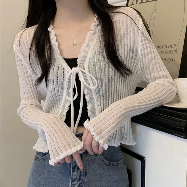 韩式开衫薄款小外搭花边绑带v领针织衫长袖精致镂空小众显瘦甜妹