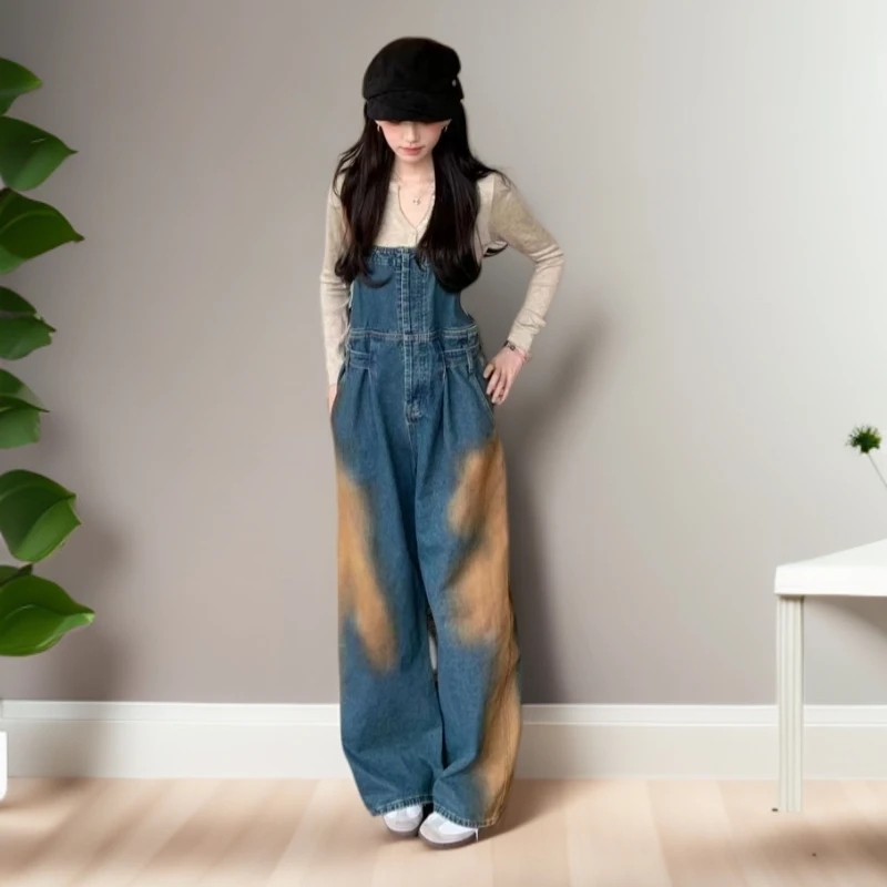 重工水洗休闲显瘦减龄复古港风牛仔裤女新款脏染蓝工装阔腿背带裤
