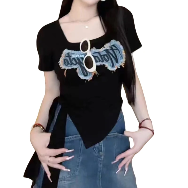 午餐肉复古甜辣妹短袖t恤女夏季显瘦不规则设计感别致正肩上衣