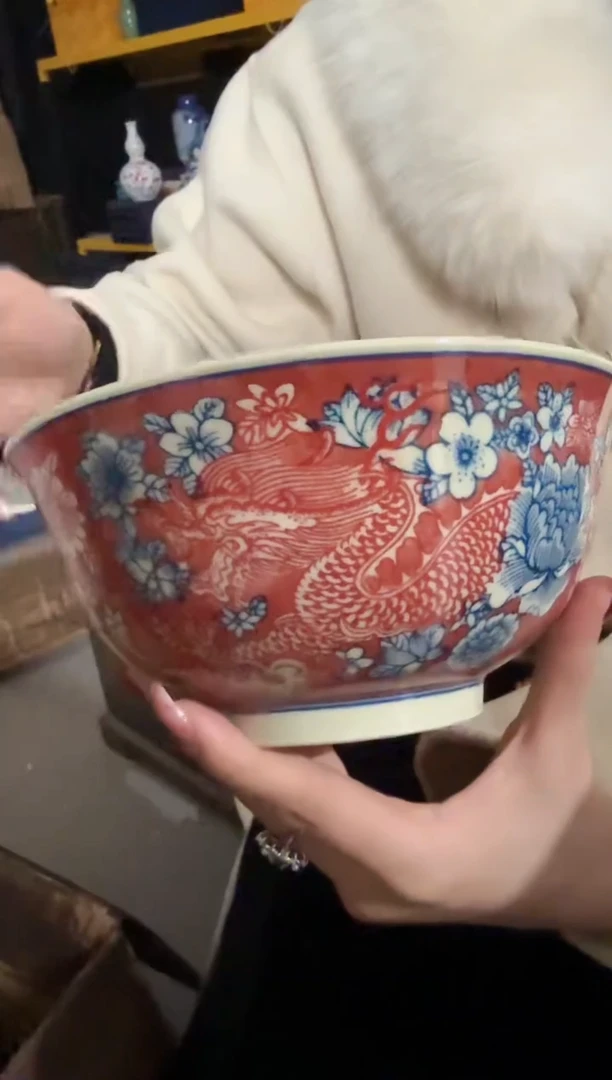 碗陶瓷黄稀青花釉里红龙纹大面碗+礼盒