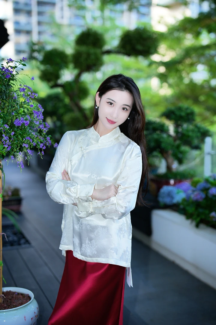 蓝大【竹菊】桑蚕丝立领上衣7418