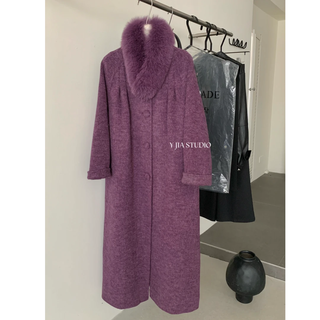 MOON气质时尚百搭厚羊毛外套(配可拆卸真狐狸毛领)（含100澳毛）