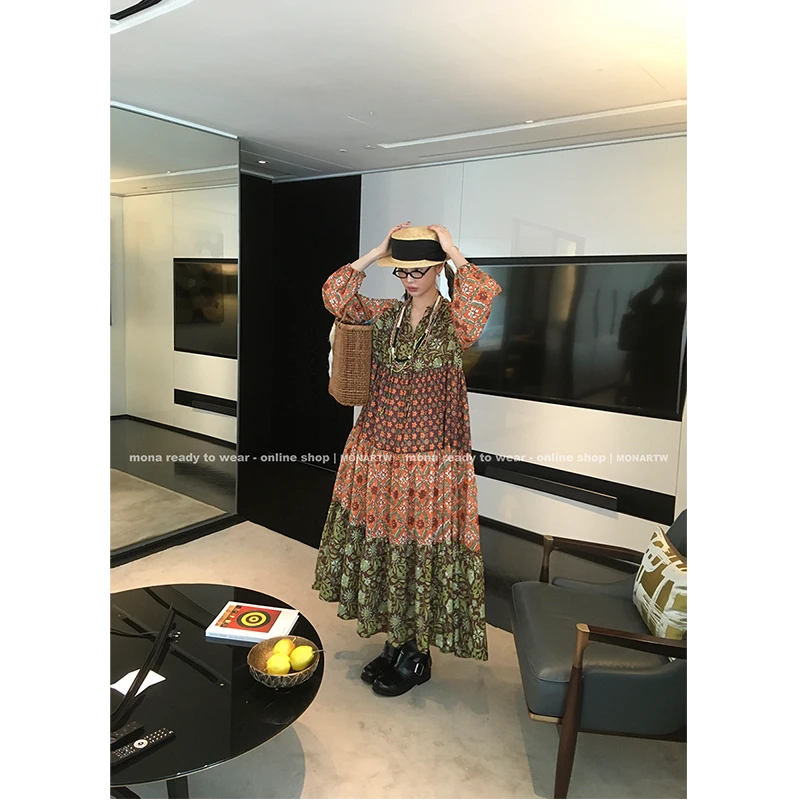 【Mona张绮贤】MONA 复古印花宽松 九分袖连衣裙 O124Q05889