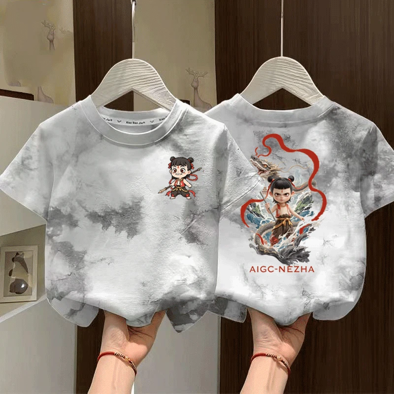 夏季哪吒新款纯棉扎染短袖男童女童百搭衣服洋气宝宝t恤上衣外穿