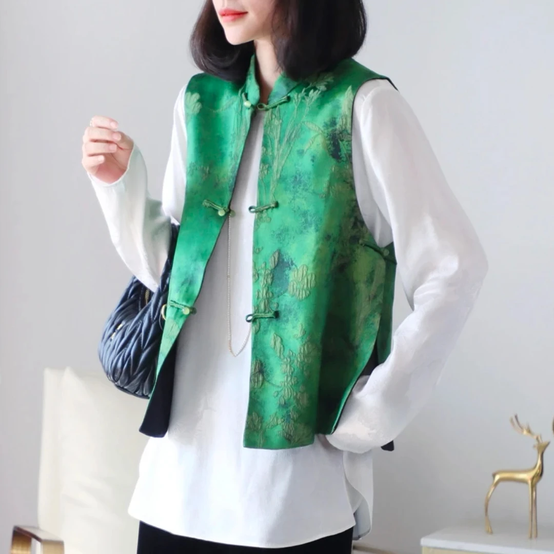 宋锦国风马甲女2025春季新款复古宽松显瘦开叉提花立领马夹617