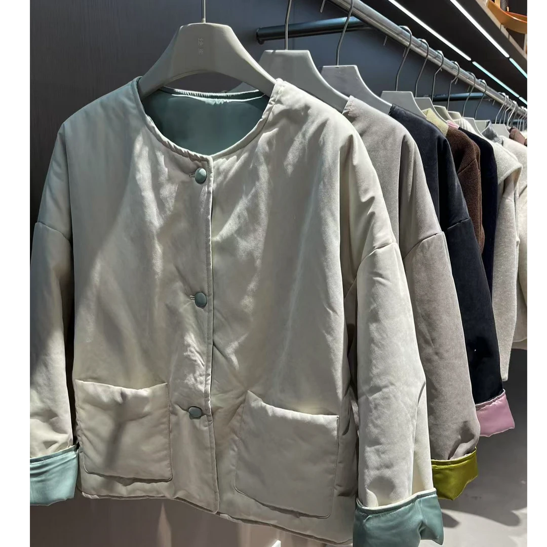 秋冬时尚简约休闲圆领拼色两穿棉服外套上衣【云端】