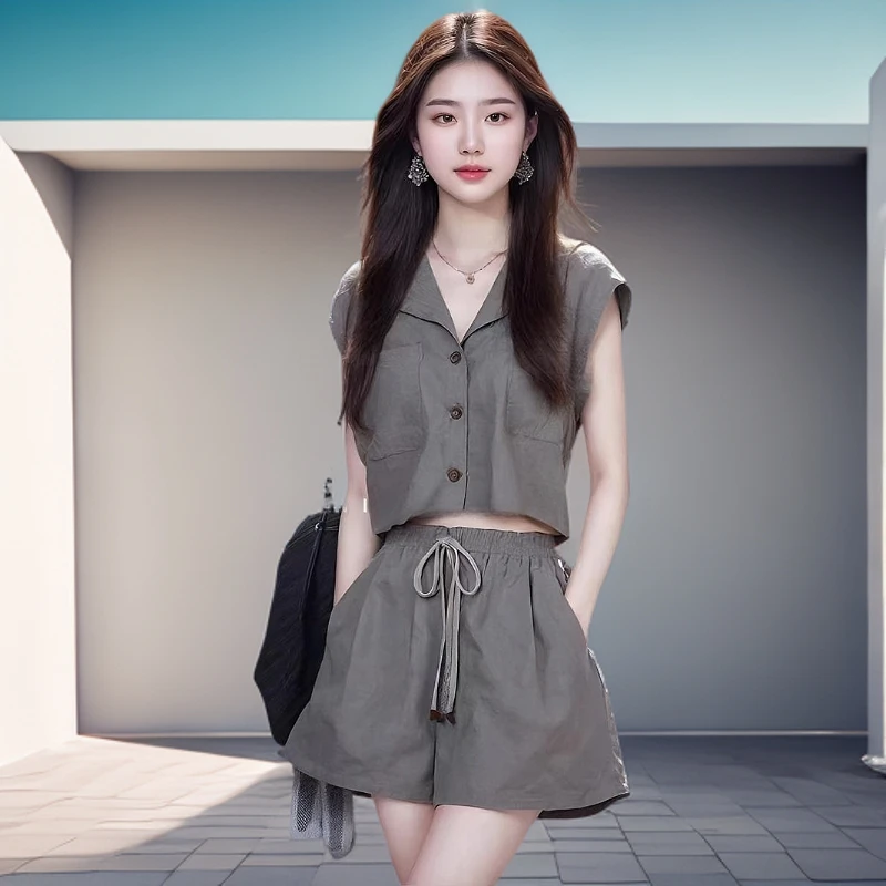 【AJO】新款韩系又a又飒灰色无袖轻熟百搭两件上衣洋气短裙百搭套装