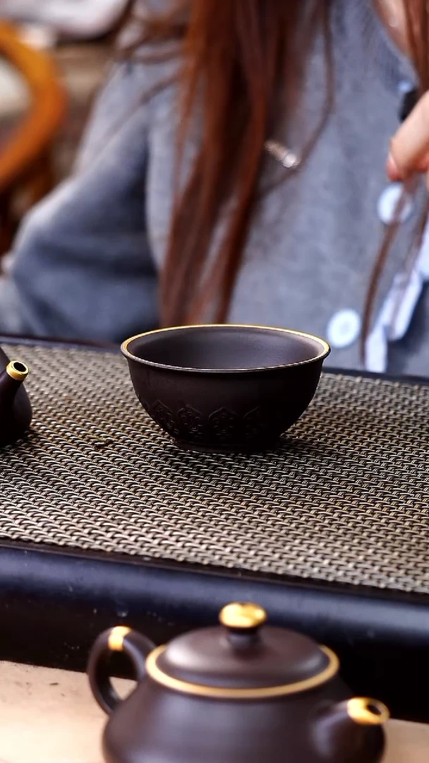 茶壶紫砂四号井茄皮紫泥描金小碗杯