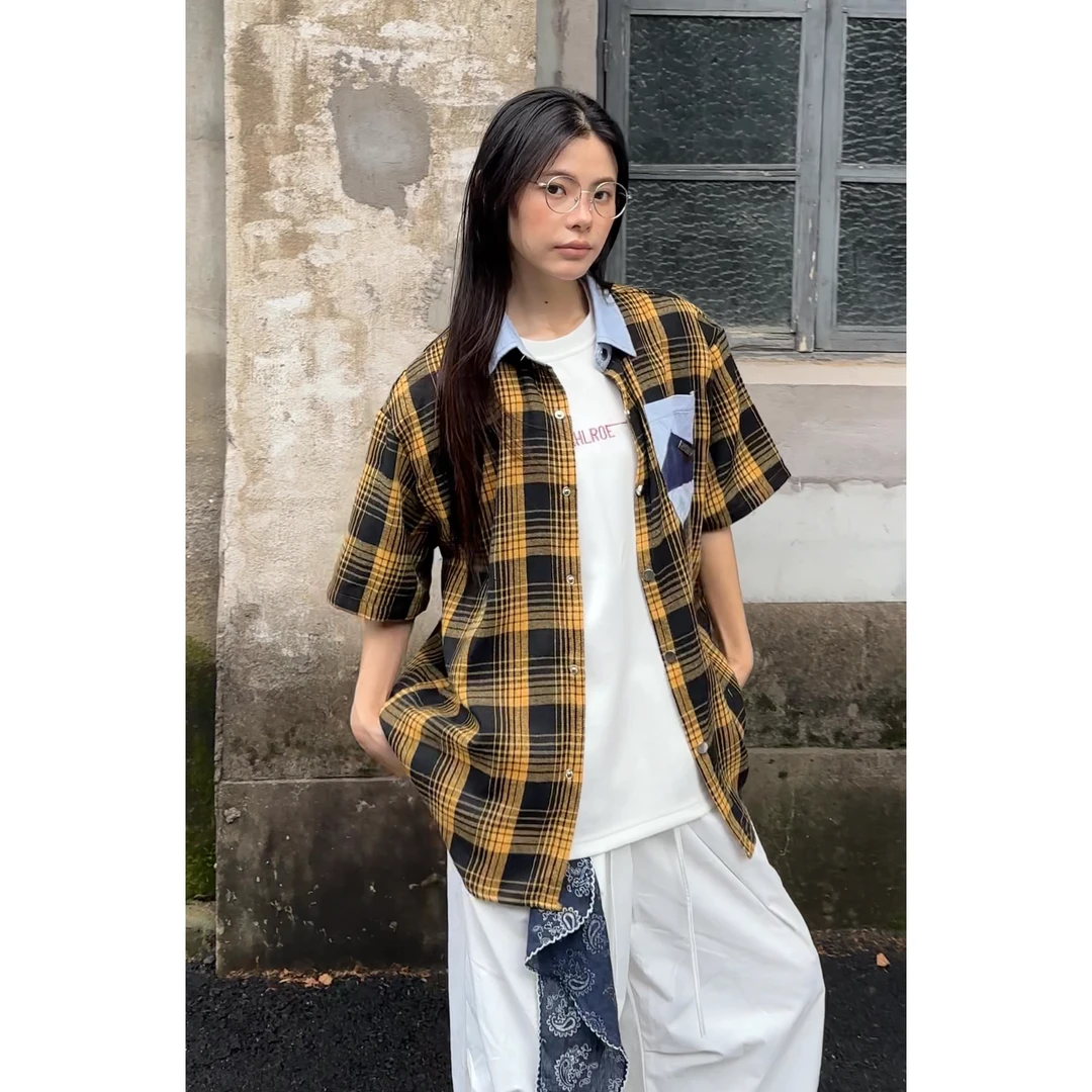 新款POLO领拼接短袖休闲百搭格子设计感夏季印染韩版情侣小众衬衫