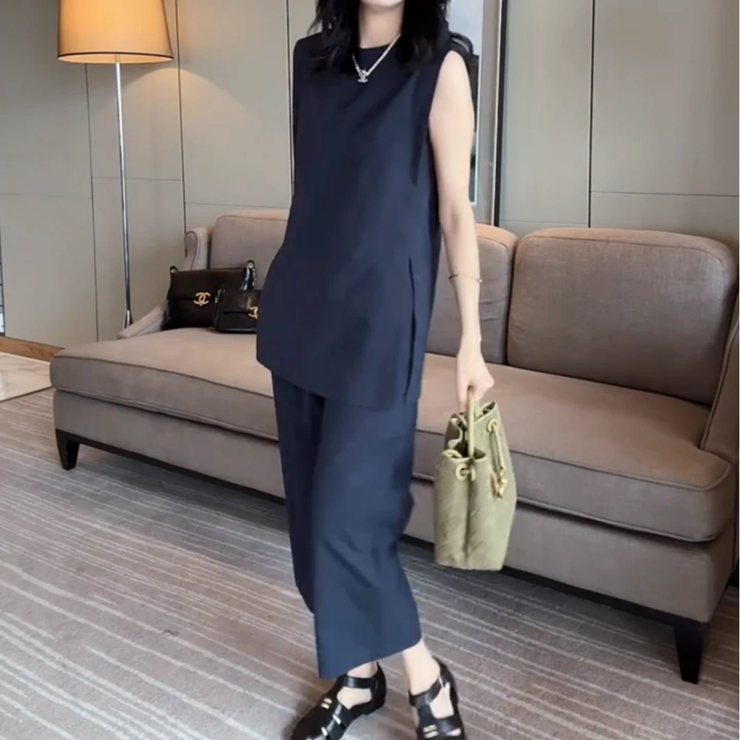 2025无袖上衣休闲裤气质减龄两件套简约百搭显瘦洋气套装夏季开叉