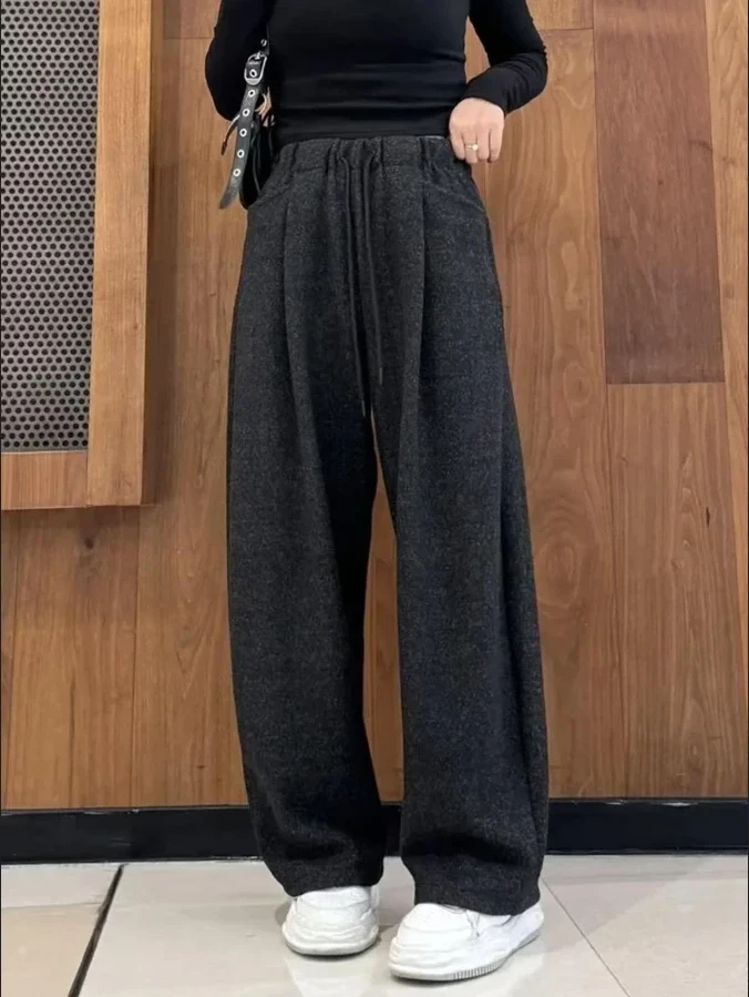 【现货】加绒加厚日韩系云朵阔腿裤冬季高腰松弛显瘦弯刀裤