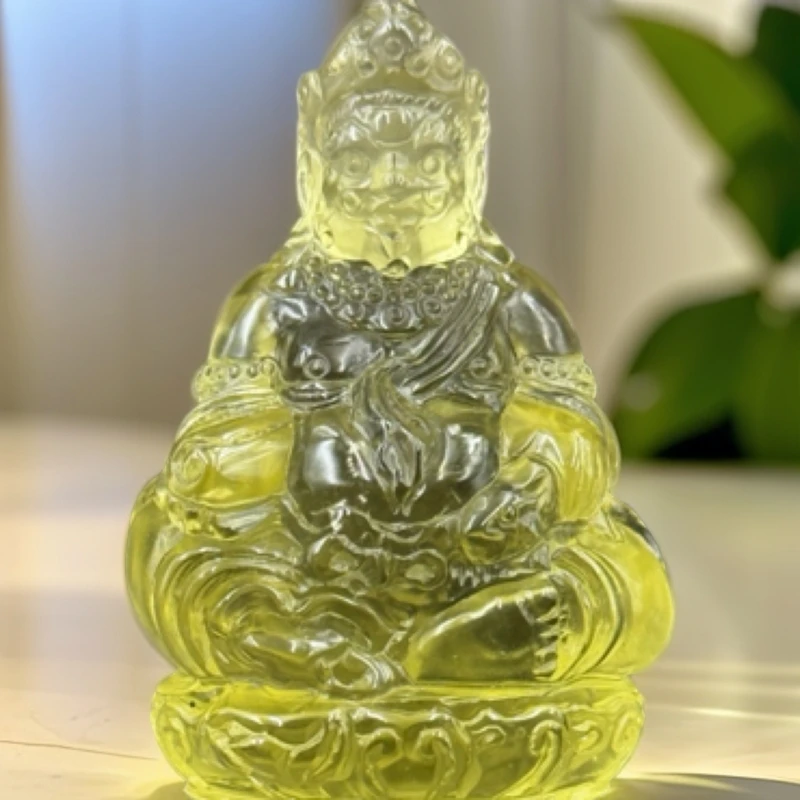 天然利比亚玻璃全手工黄财神雕刻摆件收藏级高透金黄