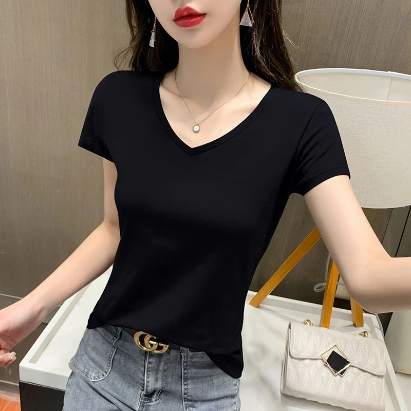 黑色t恤女短袖V领纯棉上衣低领修身百搭女装2025新款半袖纯色体恤