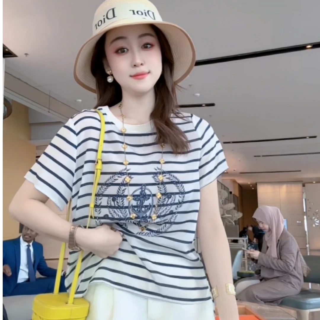 【丝芙玉禄】（F141）100%真丝双绉横条纹图案花桑蚕丝t恤上衣