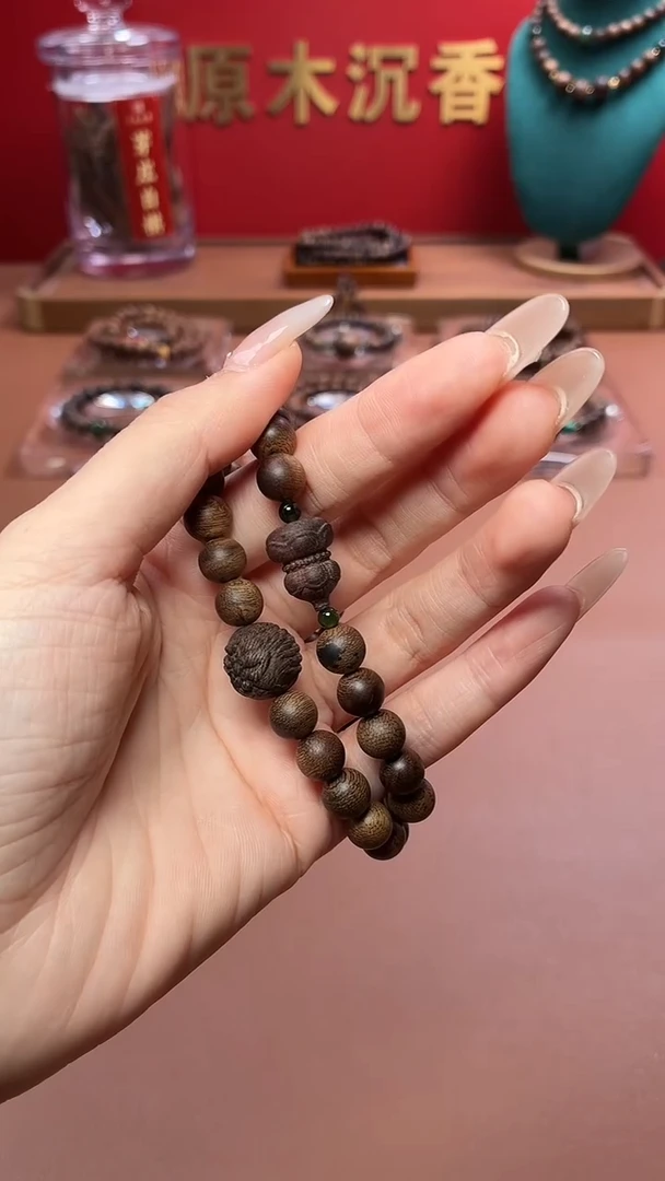 沉香手串沉水越南富森红土瘿子瘤疤08两圈设计款